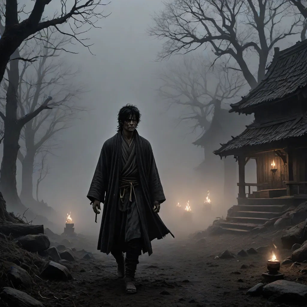 a man in a black robe and a black mask walking through a dark forest with a lantern in his hand, fantasy art, a detailed matte painting, Bastien L. Deharme, matte fantasy painting