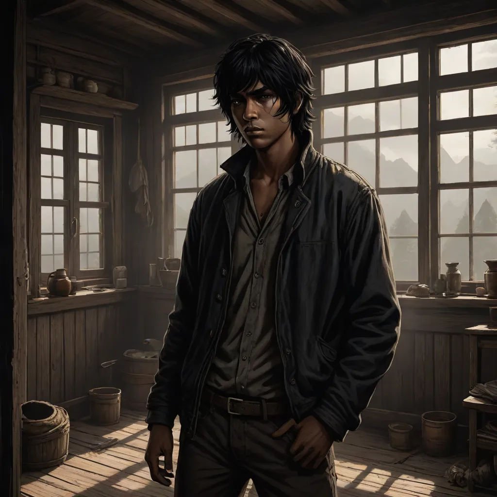 a man standing in a room with a window and a potted plant in the corner of the room, fantasy art, a character portrait, Cedric Seaut (Keos Masons), character portrait