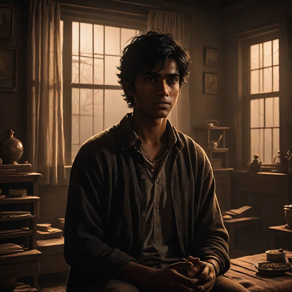 a man sitting in a room with a window and a table with a vase on it and a clock on the wall, aestheticism, a character portrait, Everett Warner, promotional image