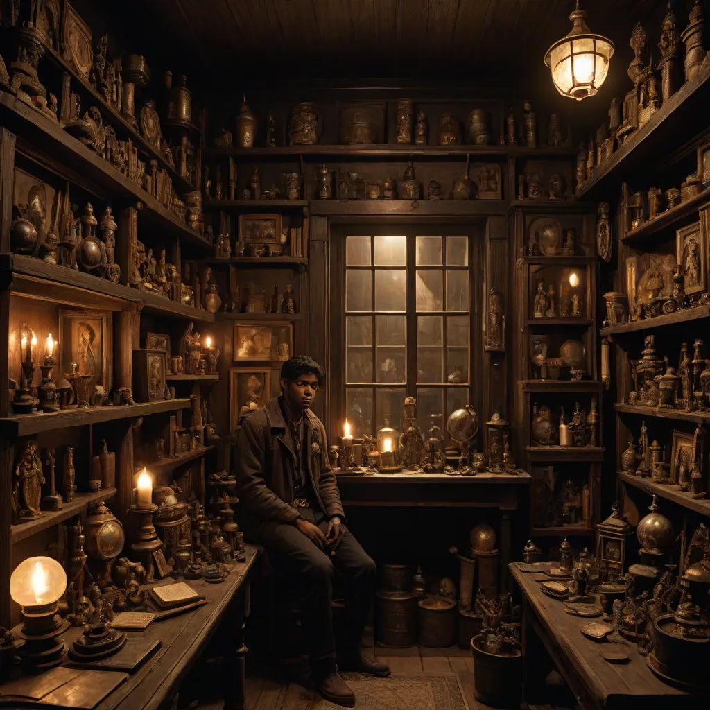a man sitting in a room filled with lots of shelves filled with items and lit candles on top of them, aestheticism, a still life, Aloysius O'Kelly, promotional image