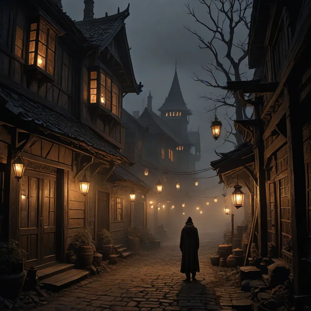 a man standing in a dark alley at night with a lantern on the street and a building in the background, fantasy art, a detailed matte painting, Evgeny Lushpin, bloodborne