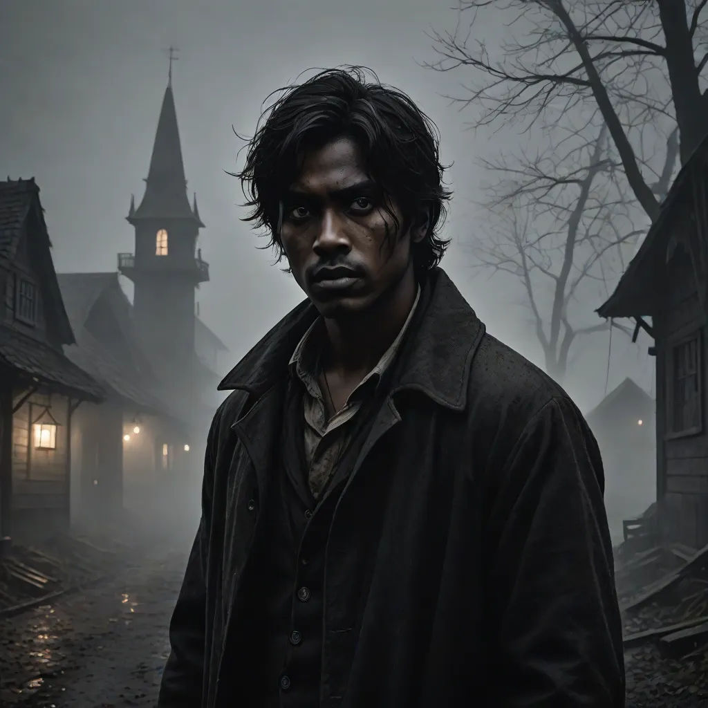 a man standing in front of a house on a foggy day with a clock tower in the background, american romanticism, a character portrait, Derek Chittock, promotional image