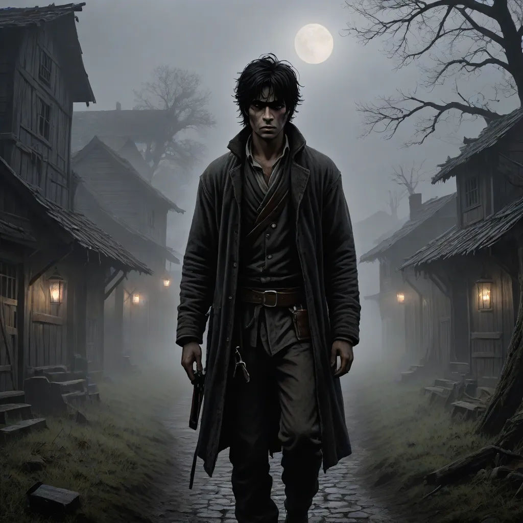 a man in a long coat walking down a street in front of a house with a full moon in the background, fantasy art, a detailed matte painting, Dirk Crabeth, key art