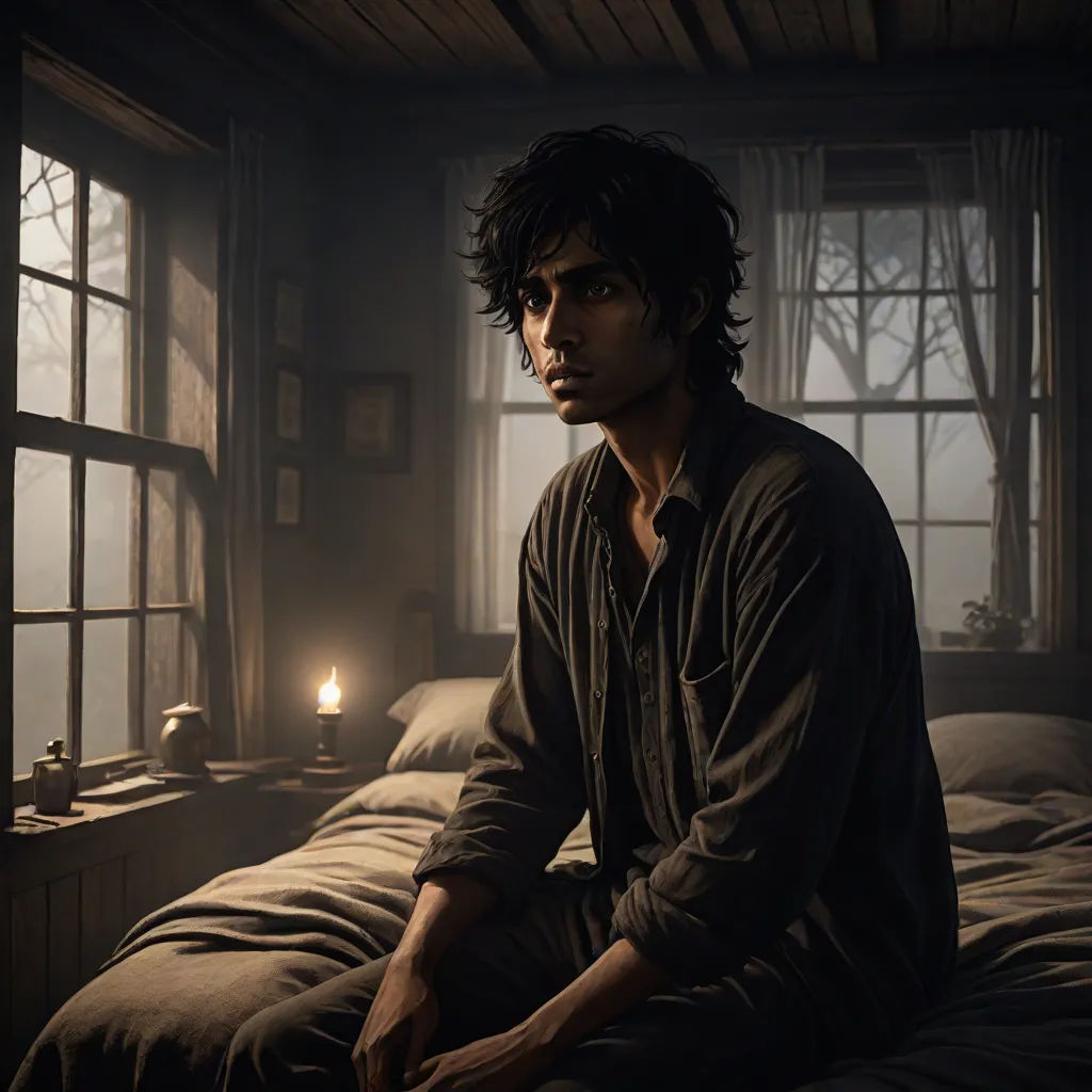 a man sitting on a bed in a room with a window and a candle in the corner of the room, sots art, a character portrait, Eddie Mendoza, official art