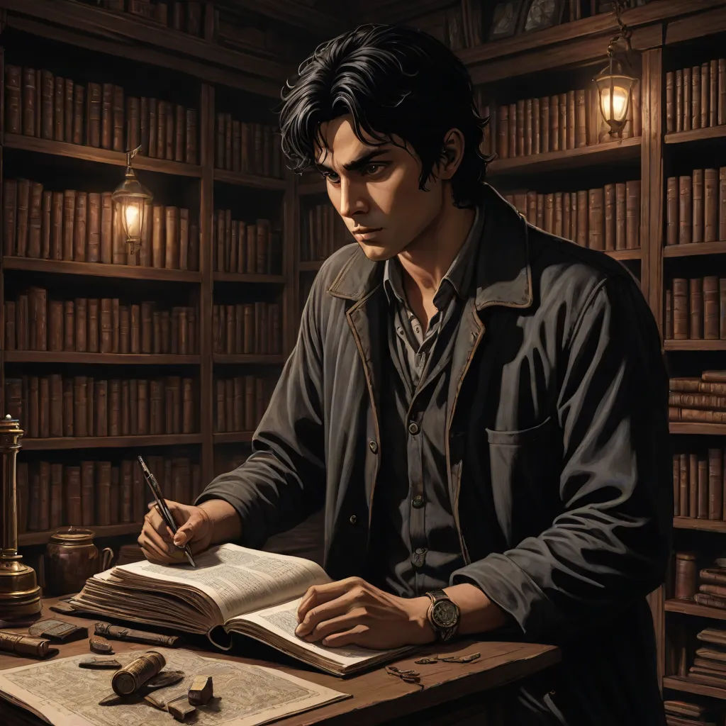 a man sitting at a desk with a book and pen in his hand and a book in front of him, fantastic realism, a character portrait, Cedric Seaut (Keos Masons), official art