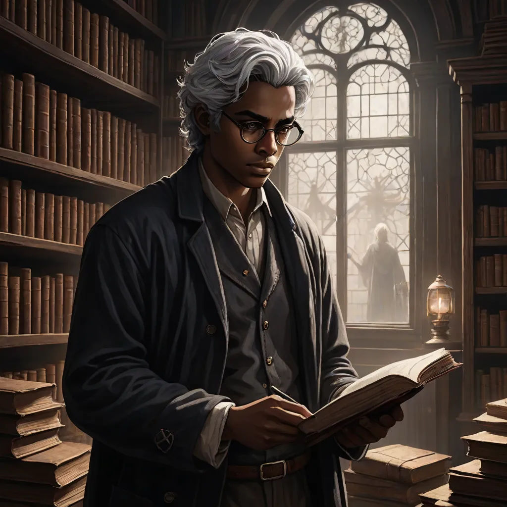 a man in a library reading a book with a window behind him and a lamp in the corner of the room, fantasy art, a character portrait, Cedric Seaut (Keos Masons), character portrait