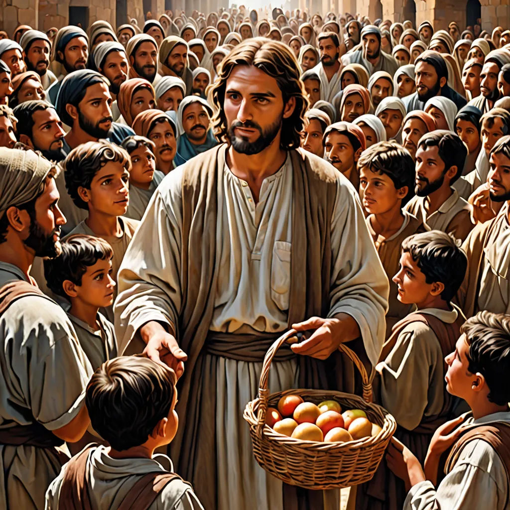 a painting of jesus holding a basket of fruit in front of a crowd of people in brown robes and white robes, a storybook illustration, powerful, socialist realism, Bob Byerley