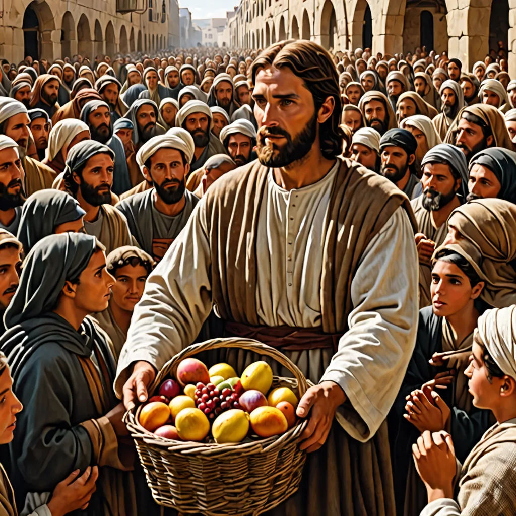 a painting of jesus holding a basket of fruit in front of a crowd of people in a city street, a colorized photo, highly detailed digital painting, socialist realism, Fra Angelico