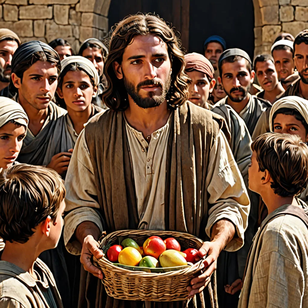 a man holding a basket of fruit in front of a group of people in front of a building with a door, a colorized photo, behance hd, excessivism, Fra Angelico