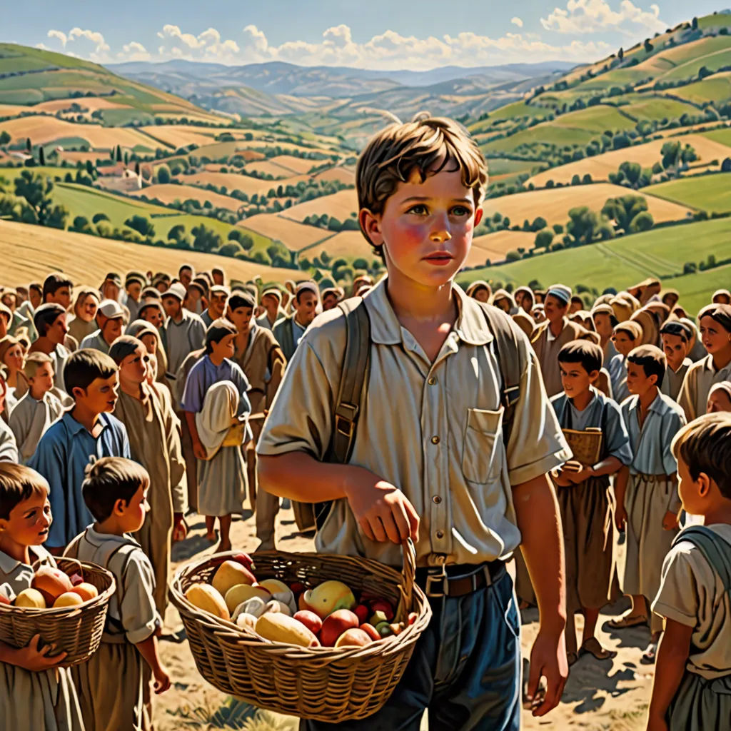 a painting of a boy holding a basket of fruit in front of a group of children in a field, a detailed matte painting, highly detailed digital painting, socialist realism, David Palumbo