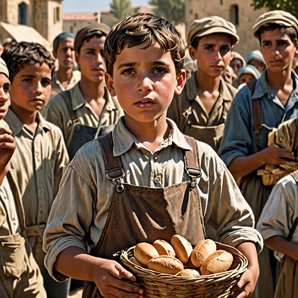 a group of boys standing around each other holding a basket of breads in their hands and looking at the camera, a colorized photo, cinematic photography, socialist realism, Fathi Hassan