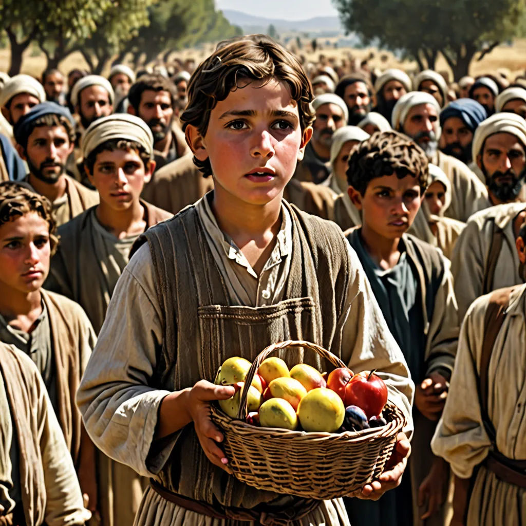 a boy holding a basket of fruit in front of a crowd of people in brown clothing and brown headdress, a colorized photo, cinematic photography, precisionism, Colin Moss