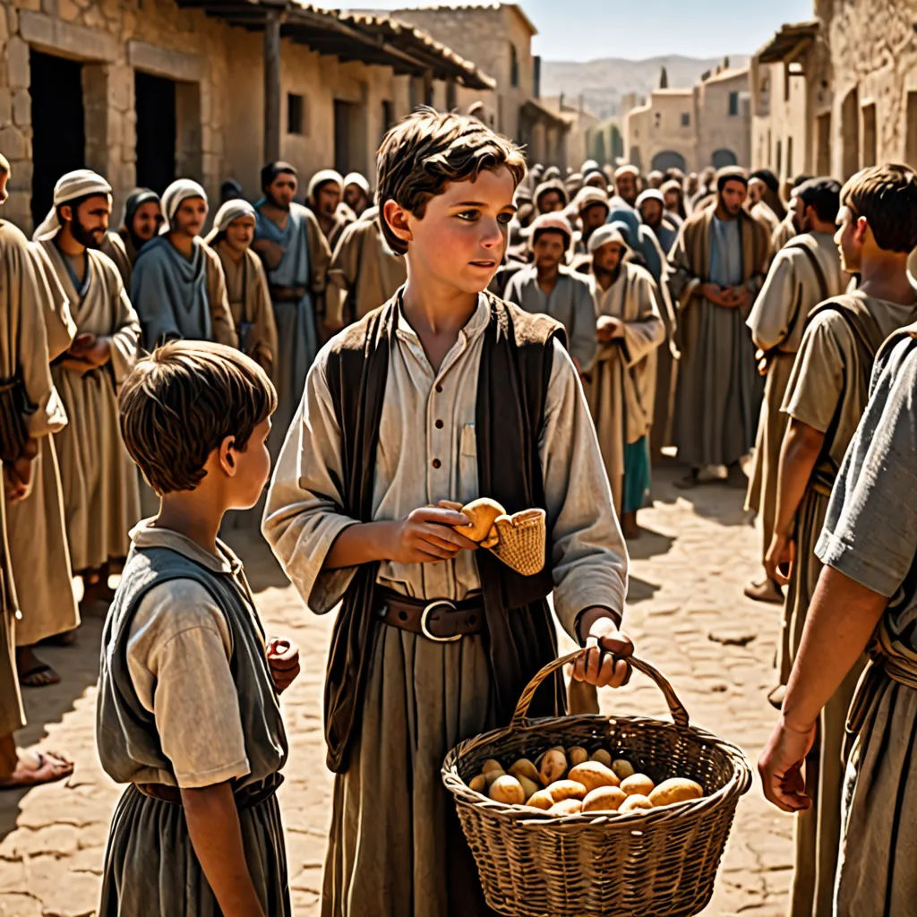a group of people standing around a basket of eggs in a village street with a crowd of people in the background, a colorized photo, promotional image, primitivism, Andrew Robertson