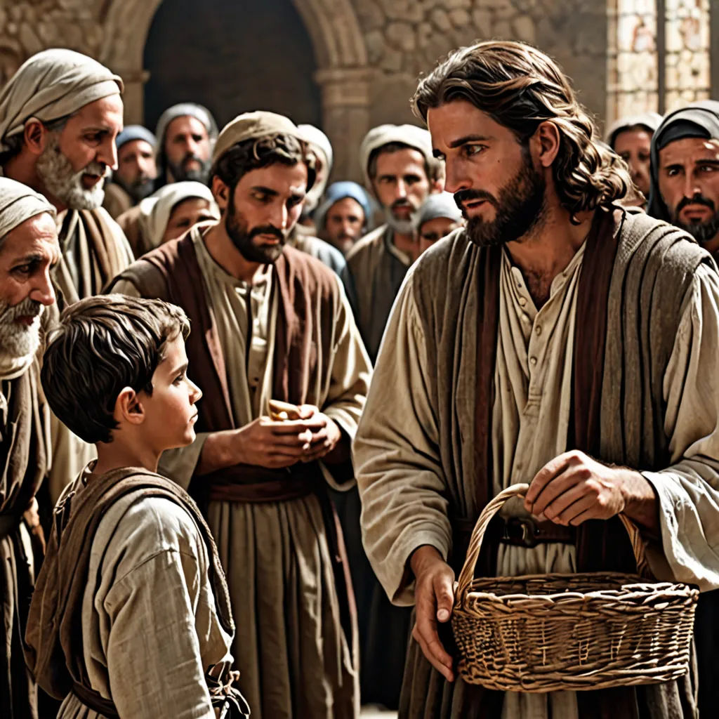 a group of men standing around each other in front of a crowd of people with a basket in their hand, a photo, radiant light, excessivism, Dionisius