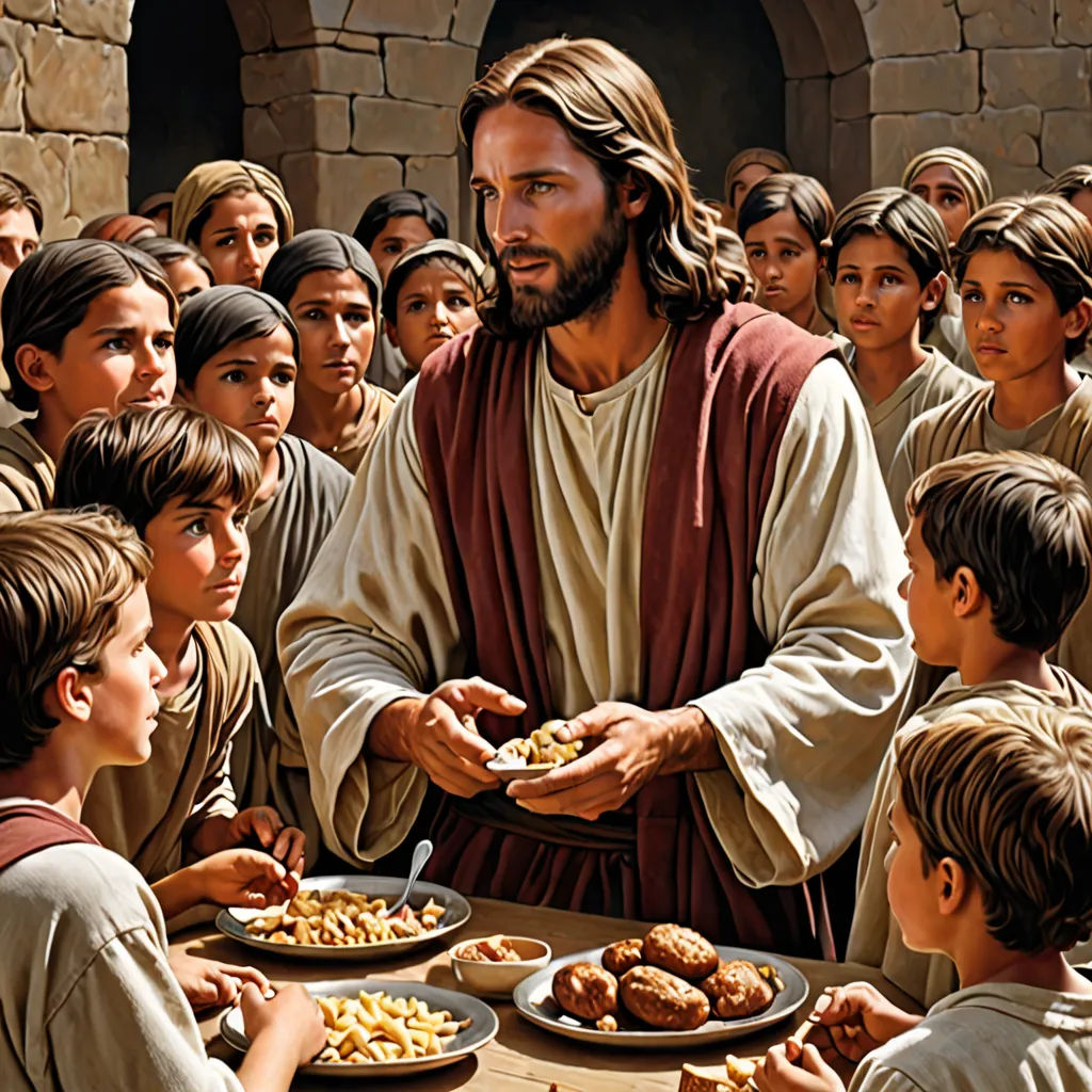 a painting of jesus handing food to a group of children in front of him on a table with plates of food, a storybook illustration, radiant light, socialist realism, Bob Byerley