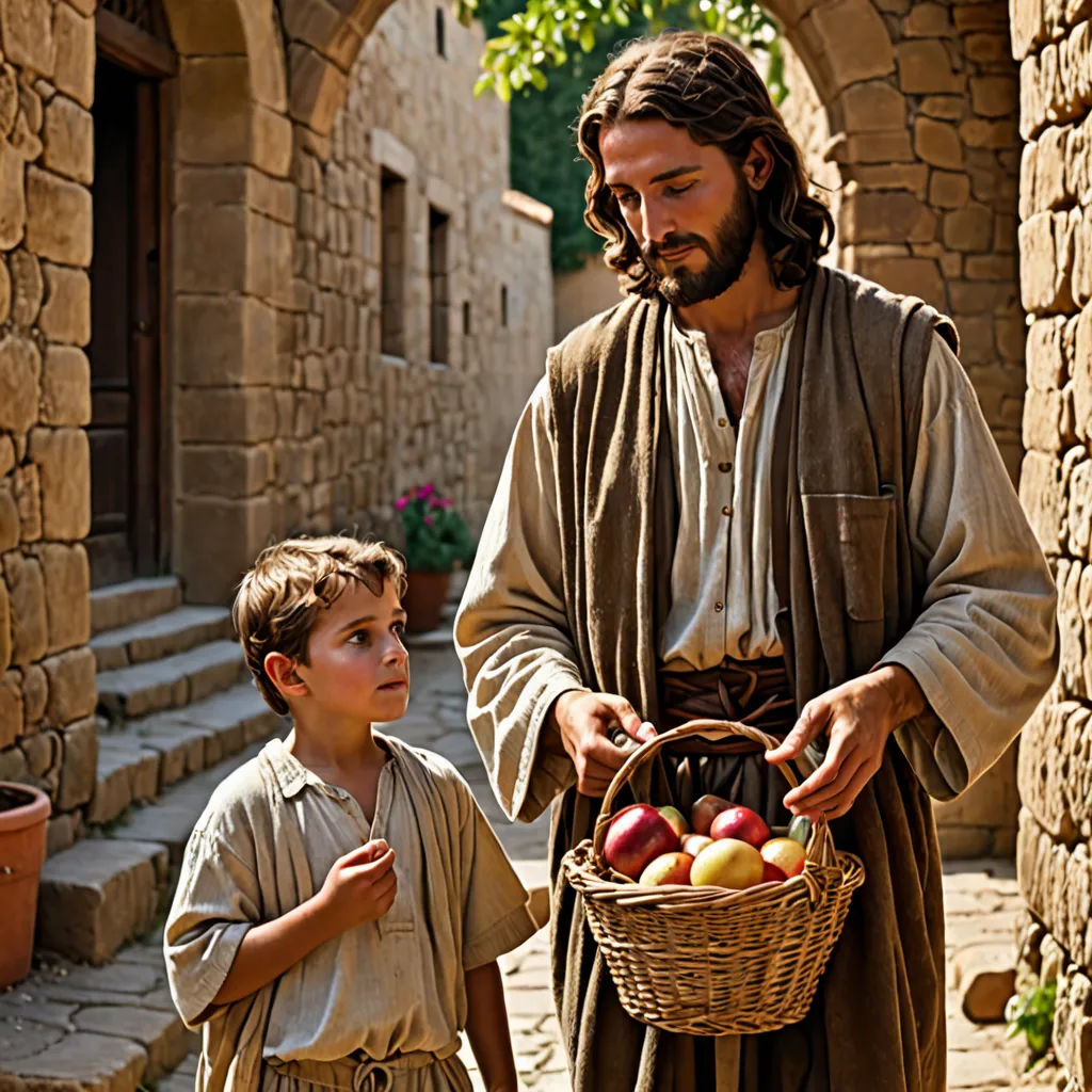 a man holding a basket of fruit next to a little boy in a brown outfit and a stone building, a stock photo, radiant light, mannerism, Fra Angelico