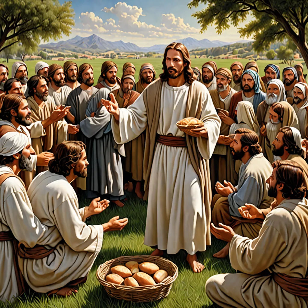 a painting of jesus giving bread to a group of people in a field with trees and mountains in the background, a storybook illustration, trending on furaffinity, figurativism, Brothers Hildebrandt