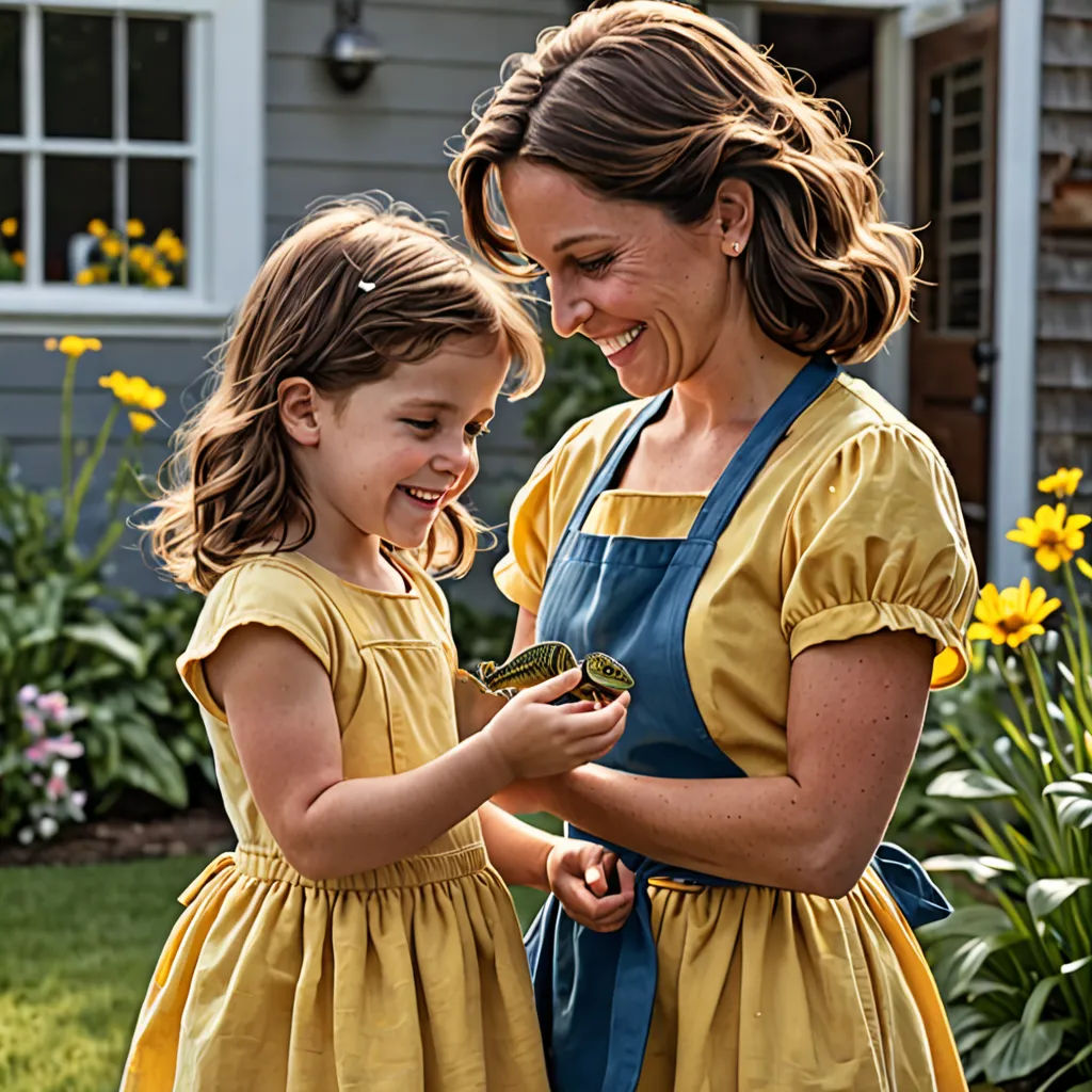 a woman and a girl are standing in front of a house and looking at a frog in their hands, american impressionism, a stock photo, Caroline Lucy Scott, promotional image