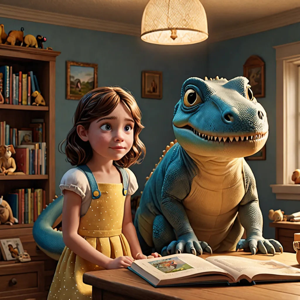 a girl and a dinosaur are standing in a room with a book in front of them and a book in the other hand, photorealism, a storybook illustration, Chris LaBrooy, pixar and disney animation