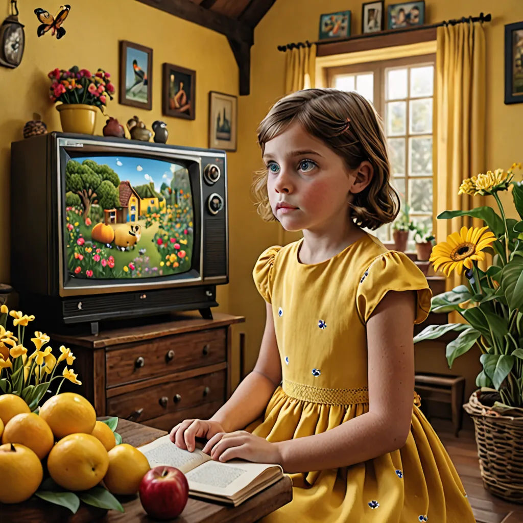 a little girl sitting at a table with a book and a tv in the background with flowers and fruit, pop surrealism, a hyperrealistic painting, Brad Kunkle, uhd 8 k