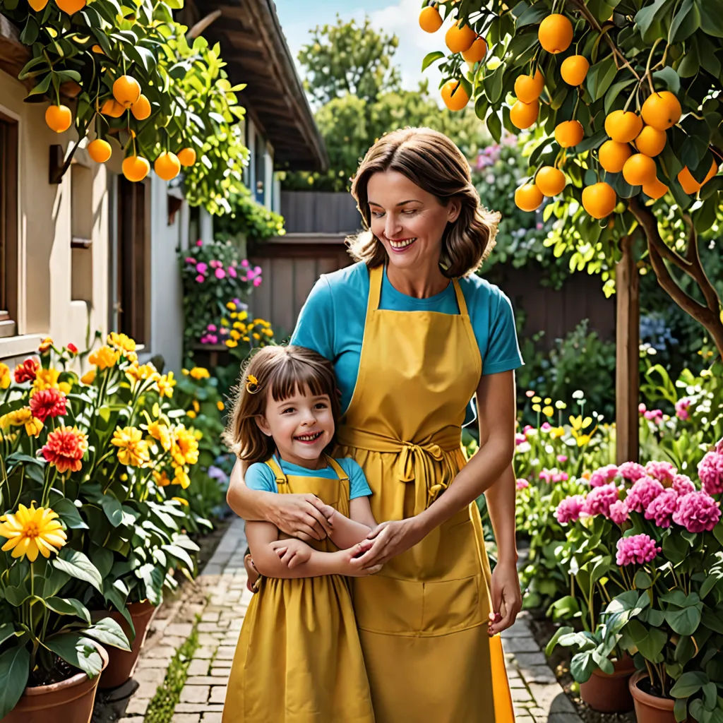 a woman and a little girl in a garden with oranges on the trees and flowers in the background, heidelberg school, a stock photo, Christian Hilfgott Brand, summer vibrancy