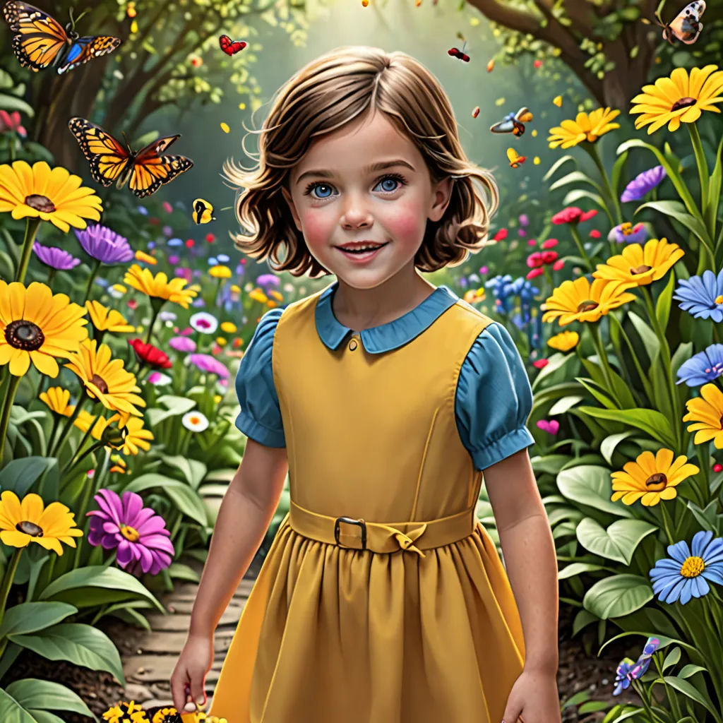 a painting of a little girl in a field of flowers with butterflies flying overhead and a path leading to the ground, fantastic realism, a storybook illustration, Brad Kunkle, highly detailed digital painting