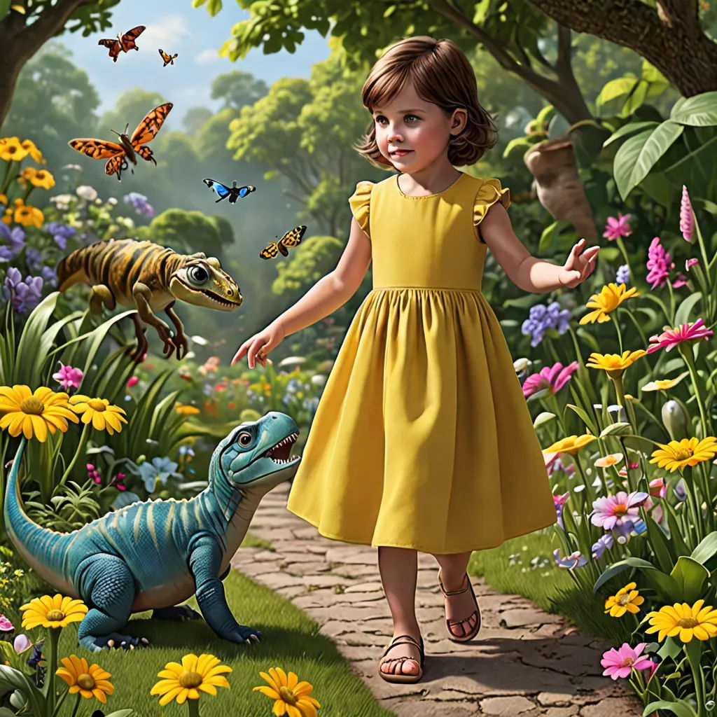 a little girl in a yellow dress is walking with a dinosaur in a garden of flowers and butterflies,, magic realism, a storybook illustration, Chris LaBrooy, highly detailed digital painting