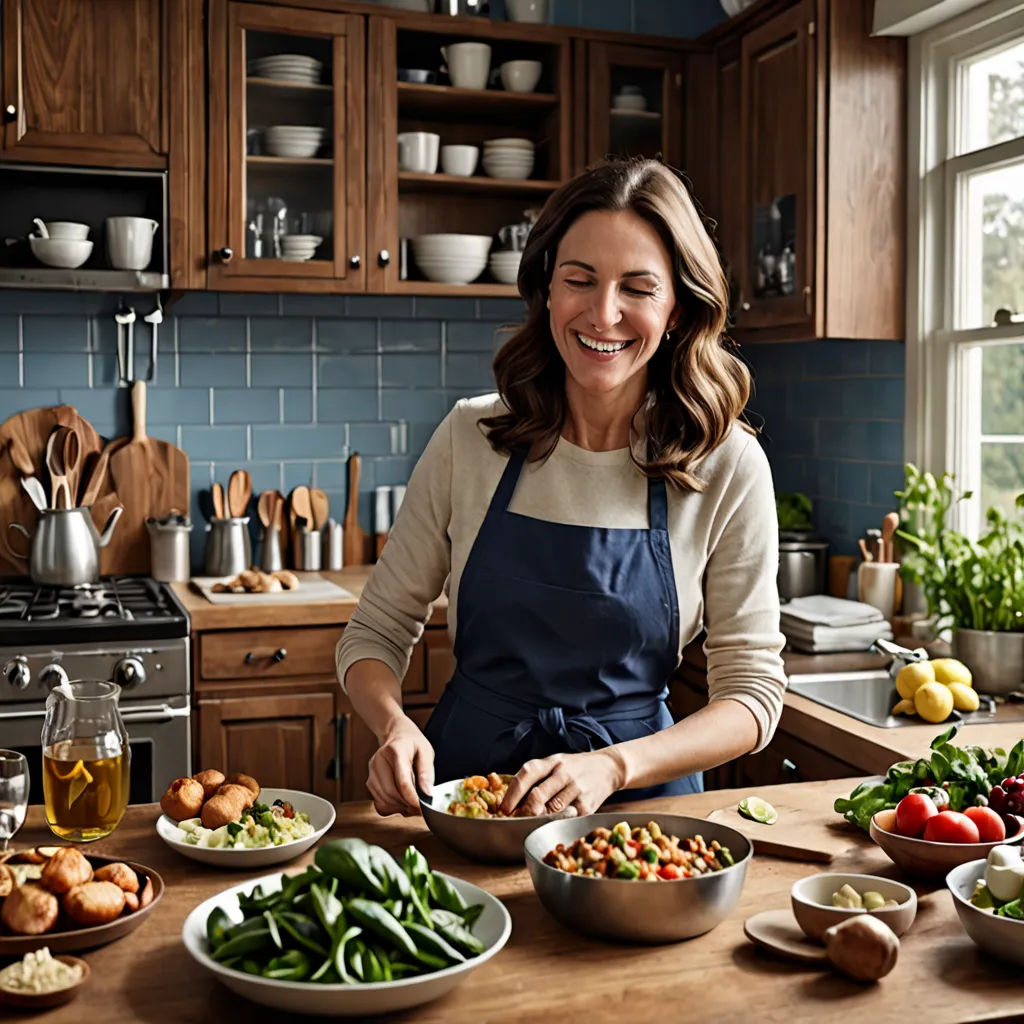 a woman in a kitchen preparing food on a counter top with bowls of vegetables and fruit on the counter, private press, a stock photo, Amy Weber, promotional image
