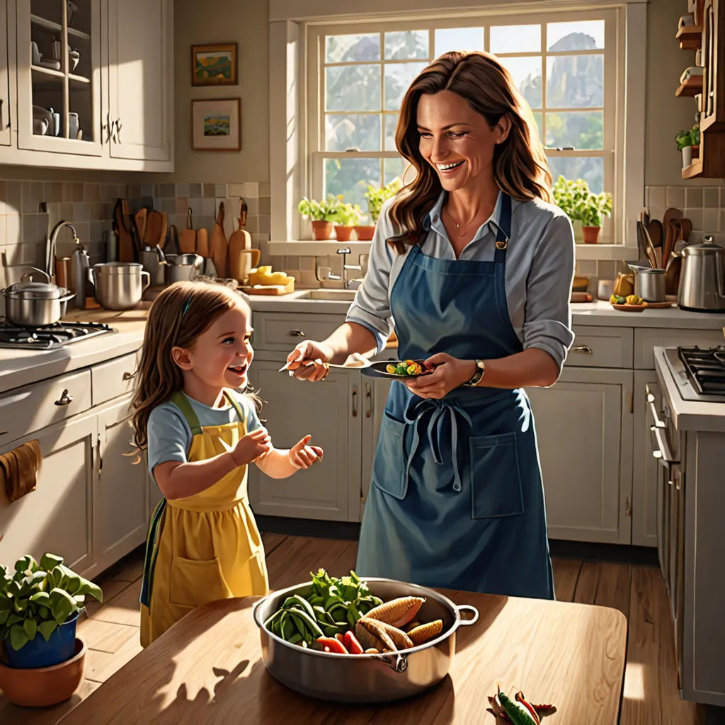 a woman and a little girl in a kitchen with a bowl of vegetables and a pan of vegetables on a table, photorealism, a storybook illustration, Bob Byerley, cgstudio