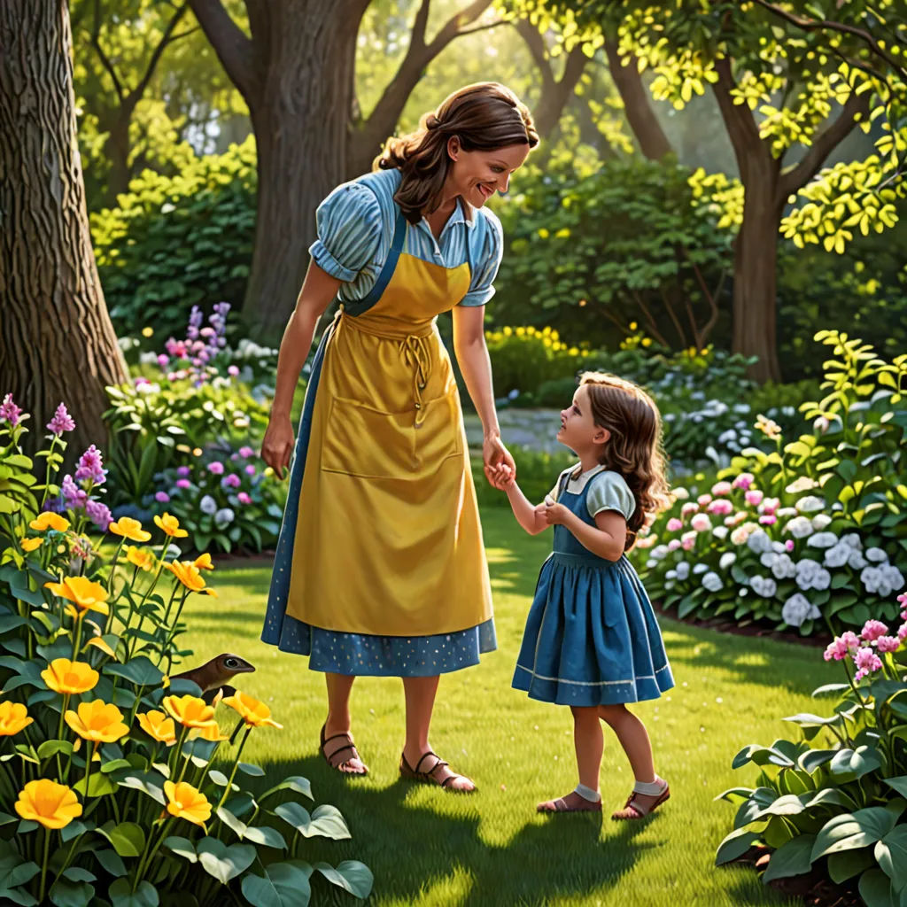 a woman and a little girl in a garden with flowers and trees in the background, both holding hands, american scene painting, a storybook illustration, Brothers Hildebrandt, storybook illustration