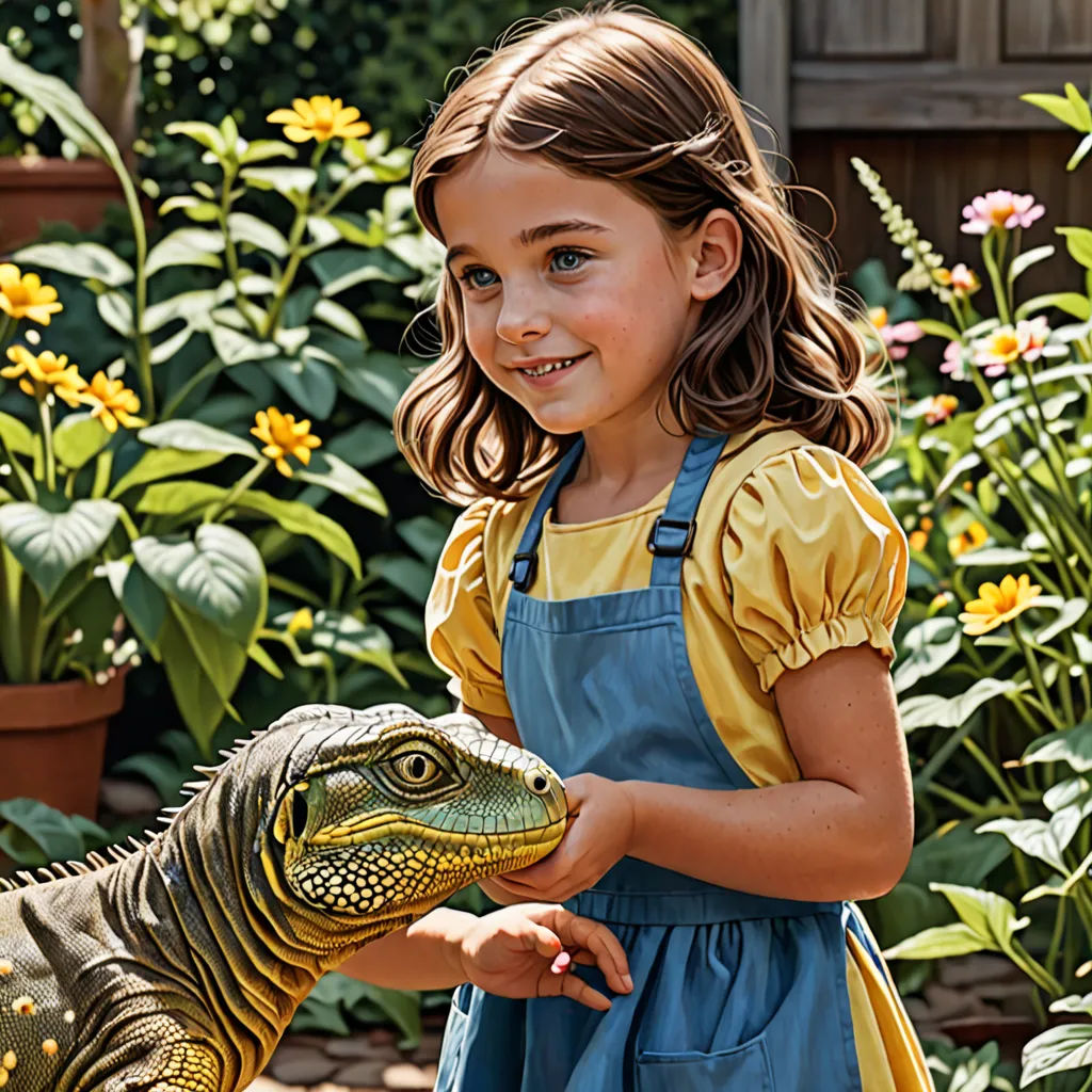 a little girl is petting a toy alligator in a garden with flowers and plants in the background and a wooden fence, magic realism, a storybook illustration, Adam Rex, promotional image