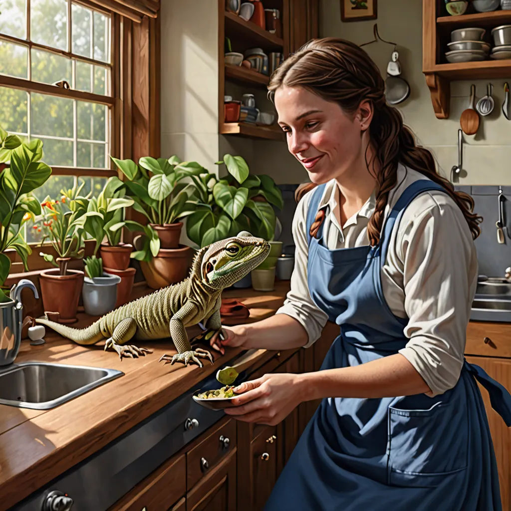 a woman in an apron is holding a lizard in a kitchen with plants and pots on the counter top, photorealism, a storybook illustration, Donato Giancola, highly detailed digital painting
