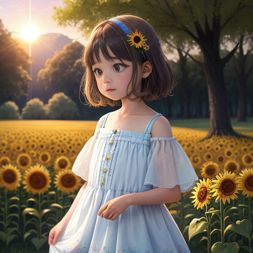 Cute Cartoon Girl on the meadow with flowers