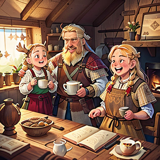 a family of three standing around a table with a book and cup of coffee in front of them,