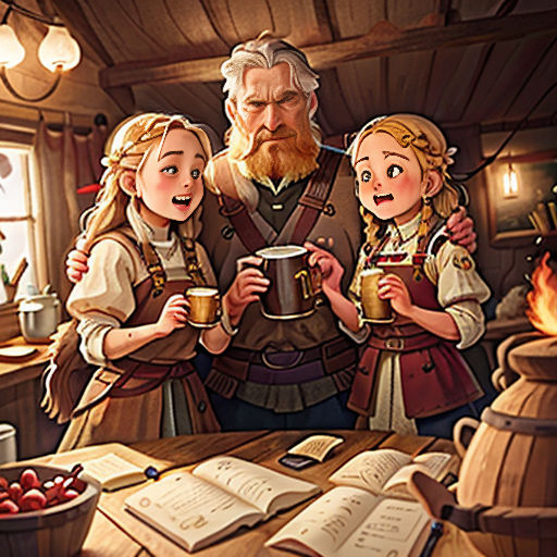 a man and two girls are standing in front of a table with books and a pot of food on it