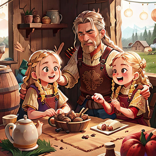 a family is eating at a table in a cabin with a man and two children, and a woman is holding a spoon