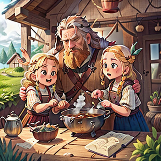 a family cooking dinner in a cabin on a farm with a dog and a cat on the porch, and a man with a beard