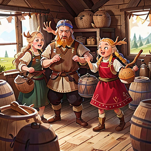 a group of people standing around a wooden room filled with barrels and barrels of beer and a man with a beard