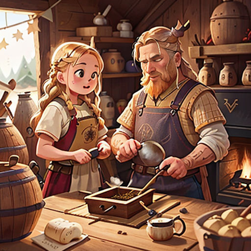 a man and woman cooking in a kitchen next to a fire place with pots and pans on it