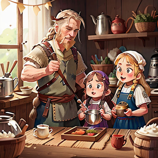 a man and two children are cooking in a kitchen together, with a woman standing next to them and a man holding a pot