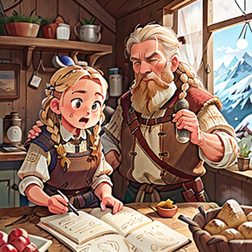 a man and a woman are looking at a book in a kitchen with a mountain view behind them and a mountain range in the background