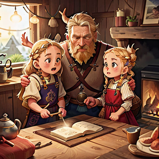 a man and two children are looking at a book on a table in front of a fireplace and a man is holding a knife