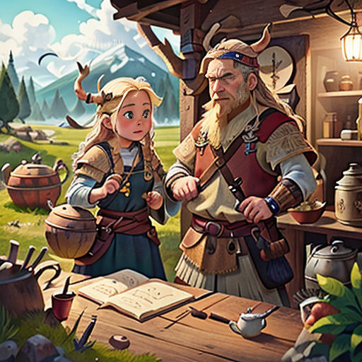 a man and a woman standing in front of a wooden cabin with a book on it and a bird flying over them
