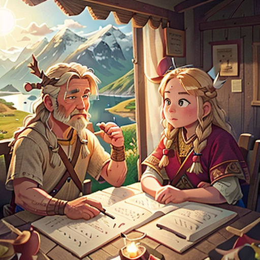 a man and woman sitting at a table with a book in front of them, looking at a map