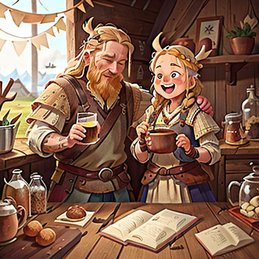 a man and a woman are standing in front of a table with books and a mug of beer in it