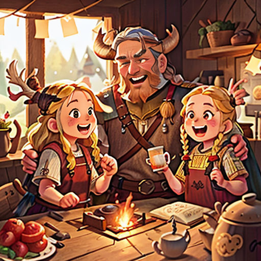 a family of three standing around a table with a lit candle in front of them and a man in a viking costume