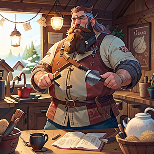 a man with a beard and a beard standing in a kitchen next to a table with a knife and a pot