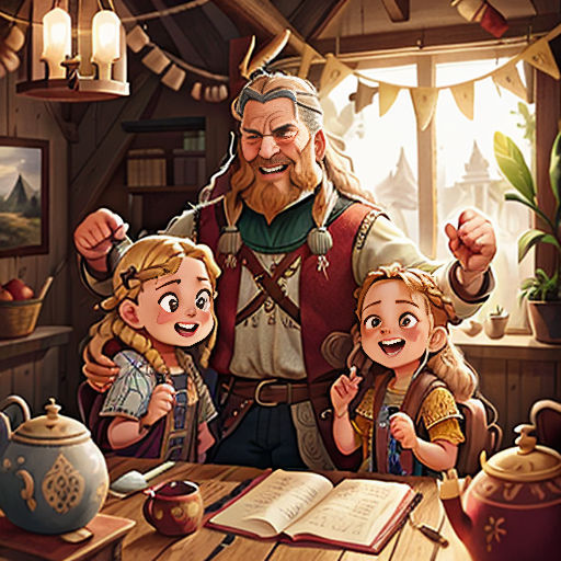 a man and two children are standing in front of a table with a book and a teapot on it