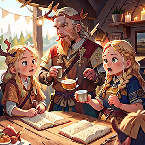 a group of people sitting around a table with books and cups of coffee in front of them, and a man in a viking costume