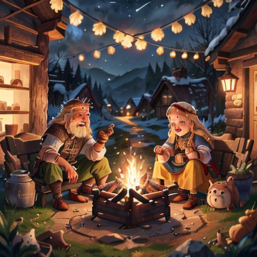 a couple of people sitting around a fire in a cabin with lights on it and a bear on the ground